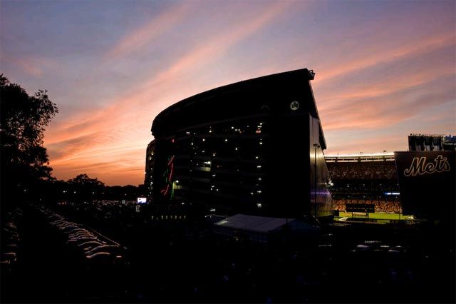 Shea Stadium at sunset
